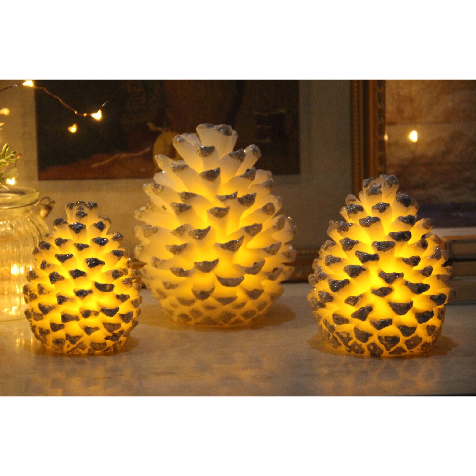 Thumbnail image for65030001 SET 3 OF PINECONE LED CANDLES WITH GLITTER: 