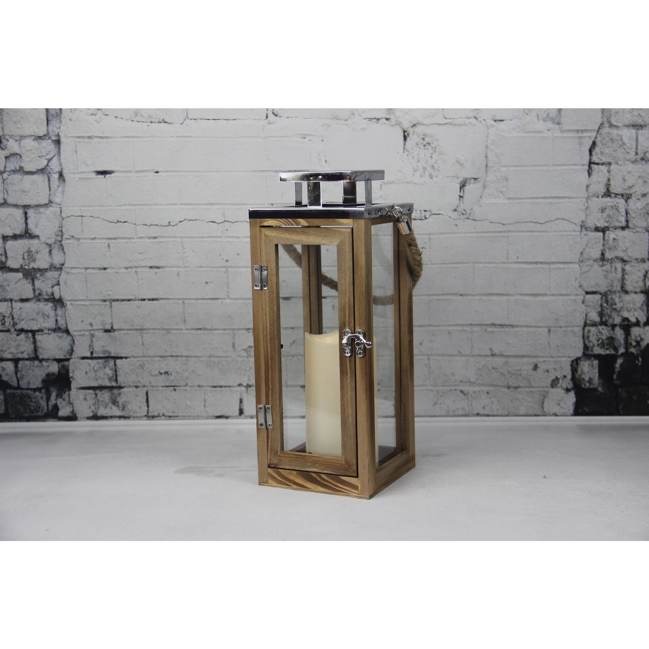 Thumbnail image for910302 WOODEN LANTERN WITH SILVER METAL TOP: 